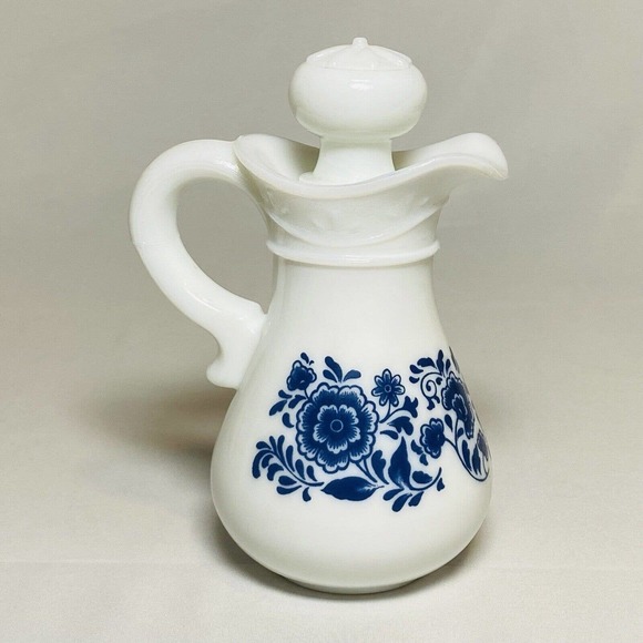 Vintage Avon Delft Blue Pitcher and Bowl EMPTY Milk Glass Floral Design - Picture 10 of 16